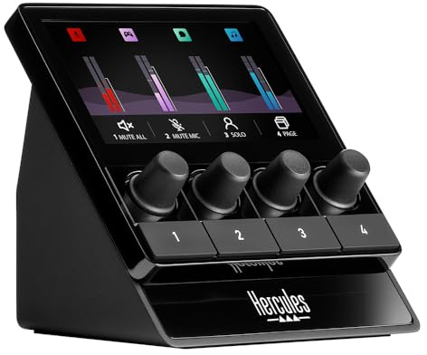 Hercules Stream 100 – Contrôleur de Streaming Audio avec Écran LCD Dynamique – Monitoring en Temps Réel, 4 Boutons d'Action et 25 Touches Tactiles – Console de Mixage USB pour OBS, Twitch en PC/Mac