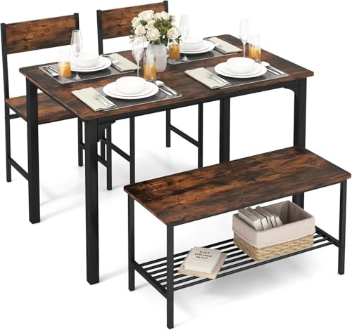 TANGZON Dining Table Set for 4, Kitchen Table and 2 Chairs with Bench, 4 Piece Dining Table Set for Small Space, Apartment