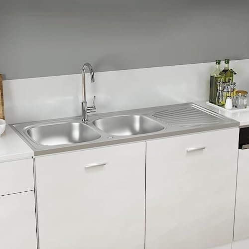AUVYI Double évier argenté 1200 x 600 x 155 mm en acier inoxydable plan de travail de cuisine évier avec meuble bas lavabo cuisine évier de cuisine plan de travail de cuisine