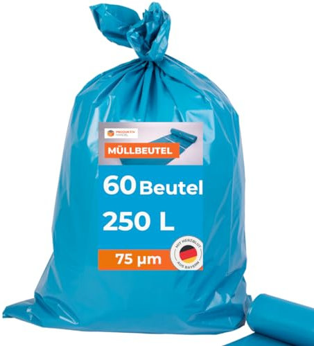 Müllsäcke 60 Stück - 6 Rollen | 250l extra große starke blaue Müllbeutel | große stabile Abfallsäcke 75µm | 100% Recyclinganteil | sehr reißfest & wasserdicht