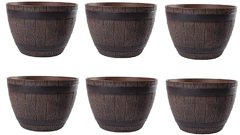 Jinfa 6er-Set Pflanzkübel aus Kunststoff in Weinfass Optik Dunkelbraun bottich Miniteich | Farbe: Kastanie | Design: Weinfass | Ø 38 cm