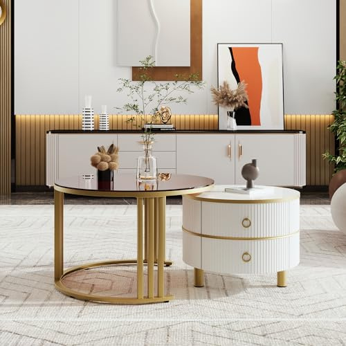 Lexiou 2-in-1 runder Couchtisch aus MDF, Beistelltisch mit 1 Platte und 1 braunen Platte aus gehärtetem Glas, Couchtischkombination mit 2 Schubladen für das Wohnzimmer (Weiß)