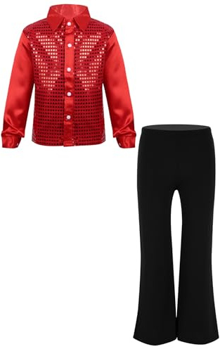 inlzdz Completi Hip Hop Jazz per Bambini Paillettes Button Down Camicia da Danza Classica T-Shirt + Pantalone per Ballo da Sala Danza Standard Latino Americano Rosso 7-8 anni