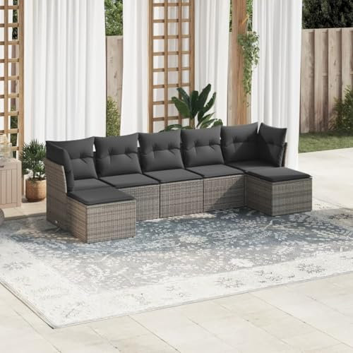 THOYTOUI 7-TLG. Garten-Sofagarnitur, Biergartengarnitur Gartenlounge Outdoor Gartenset Tisch und stühle Gartengarnitur Set Geeignet für Veranda Garten Terrasse Balkon mit Kissen Grau Poly Rattan