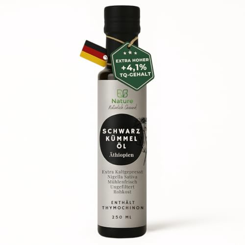 Ofiltrerad svart kumminolja, kallpressad, olja Nigella Sativa rik på THYMOCHINON – 100 % naturlig – Fräschhet – Färsk direkt från vårt oljepresseri | E.B. Nature (250 ml, 1 st)