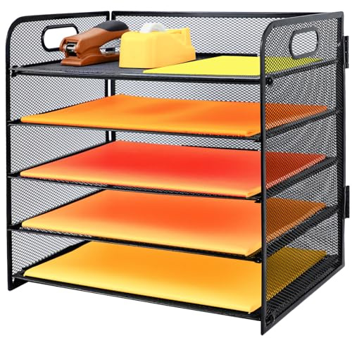 PLSOPPKG Organizer da Scrivania a 6 Livelli con Supporti Verticali Extra, Vassoio per Lettere con Cassetto, Vassoi per Documenti A4, Porta Riviste e Documenti per Casa e Ufficio, nero