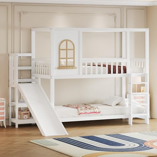 Soweiz Kinderbett 90x200 cm, Massivholz-Doppelbett, Hausform mit Fenster, Sicherheitsgitter-Design, mit Rutsche und Sicherheitsleiter, Rutsche mit Ablagefläche, Jungen- und Mädchenbett, Weiß