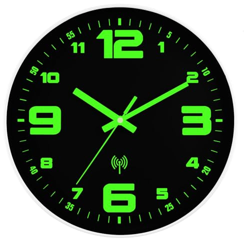 DIYZON Funk-Wanduhr, 30 cm, Beleuchtete Wanduhr, ohne Ticken | Geräuschlos, Lautlos, Quarzwerk, Moderne Glas-Wanduhr, Batteriebetrieben, gut Ablesbar, Beleuchtete Wanduhr