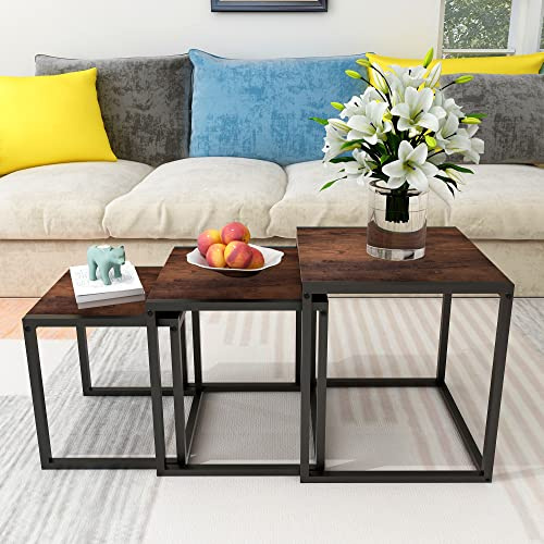 HAHRIR Nesting Coffee Table Set of 3, Stacking Metal Side Tables, Brown