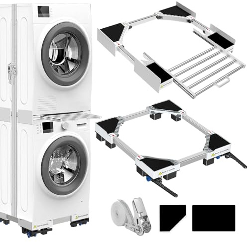 NIUXX Universal Stapelset und Beweglicher Sockel für Wäschetrockner und Waschmaschine, Größenverstellbar mit Ratschenseil und Ausziehbaren Trockenständern für Wasch- und Trockenmaschinen Platz sparend