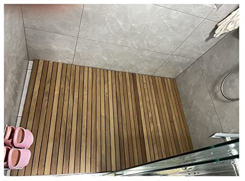 CVQJL Caillebotis de Douche en Bois de Teck, Caillebotis de Douche en Bois de Teck pour Sauna Commercial, Tapis de Sol de Salle de Bain rectangulaire antidérapant, Tapis d'entrée, Design avec poignée