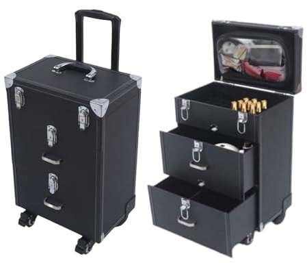 Kosmetikkoffer Trolley, 3 Lagen Schminkkoffer Damen mit 360° Drehbaren Rollen, Abschließbare Nagelkoffer für Reise Friseure Visagisten Nageltechniker, Schwarz