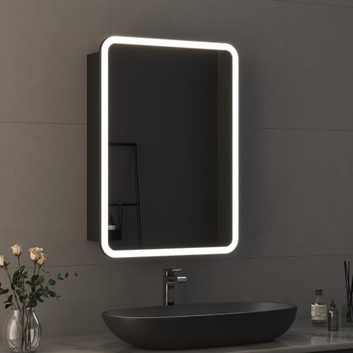 Boromal Spiegelschrank Bad mit Beleuchtung Schwarz Badezimmer Spiegelschrank mit Beleuchtung Metall Badezimmerschrank mit Dimmbar, Beschlagfrei, Stecker und Verstellbare Glasablage (50x70x13,5cm)