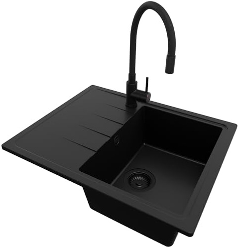 PRIMAGRAN Fregadero Granito al Mueble 40cm + Grifo, 62x50cm | Set: Grifo BW6020 + Kit de desagüe (sifón, válvula, rebosadero) + Milano 1 Seno para Cocina, Todo Negro