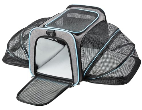 M.J COMFY-LIFE Expandable Cat Carrier Airline Approved, Soft-Sided Pet Carrier with Extendable Space & Fleece Bed, Foldable Carrier Bag for Cats, Small Dogs with Adjustable Shoulder Strap (Grey&Blue)