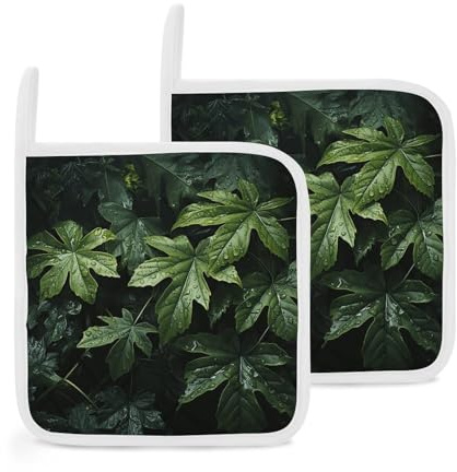 Confezione da 2 presine con motivo a foglie verdi, resistenti al calore, spessi cuscinetti caldi con anello antiscivolo, set di presine quadrate per cucina, cucina, forno, barbecue, 20 x 20 cm
