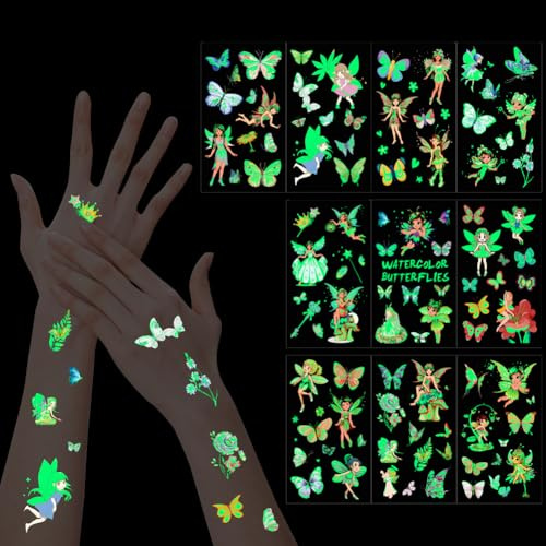 10 Bögen magische Feen- und Schmetterlings-Tattoos, die im Dunkeln leuchten, für Kinder, sichere temporäre Tattoo-Aufkleber, Partygeschenke für Mädchen, Halloween-Kostümzubehör