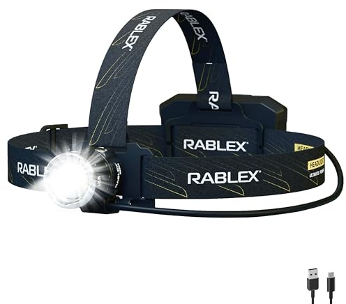 Rablex RB652 LED-Stirnlampe, 1100 Lumen Wiederaufladbare LED Kopflampe mit 6 Lichtmodi, Rotlicht & Sensor USB-Aufladung, IPX6 Wasserdicht Leicht & Kompakt Ideal für Camping, Wandern [Energieklasse A+]