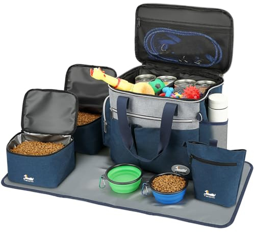 TAIHOYIN Hunde Reisetasche Flugzeug Haustier Reiseset für Hundezubehör mit 2 Futtertasche + 2 Zusammenklappbare Schüsseln + Fütterungsmatte + Hundeleckerli Tasche, Hundetragetasche für Unterwegs, Blau