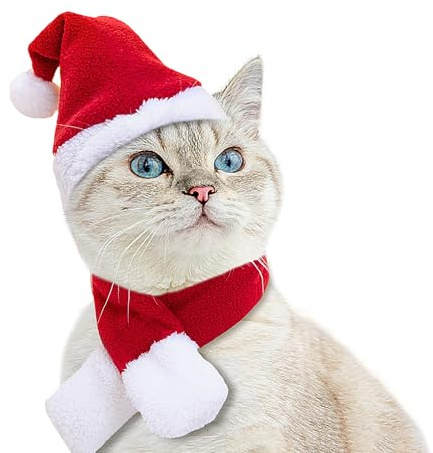 Enjoying Katzen Weihnachtskostüm, Weihnachtsmütze Schal Katze Kleiner Hund, Weihnachtsmann Hut Schal Hase, Warmer Weihnachtsoutfit Katzen, Haustier Neujahr Kleidung, Einstellbar