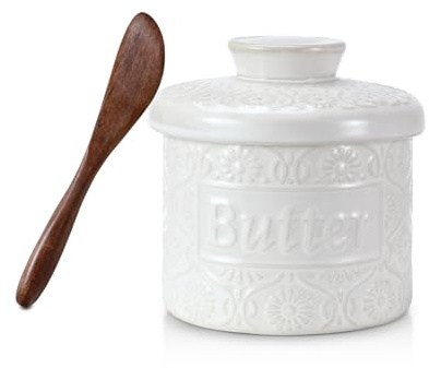 WIFORH French Design Ceramic Butter Crock, Vintage Relief Pattern, Airtight Water Seal for Spreadable Butter, Countertop Butter Crock with Lid, White