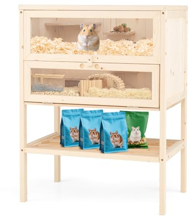 COSTWAY Cage Hamster en Bois, Cage pour Hamster, Toit Réversible, 5 Plateformes, Rampe, Rangement Inferieur, Panneau Acrylique, Porte Verrouillable, pour Poussin Lézards Cochon, 60 x 40 x 80 cm