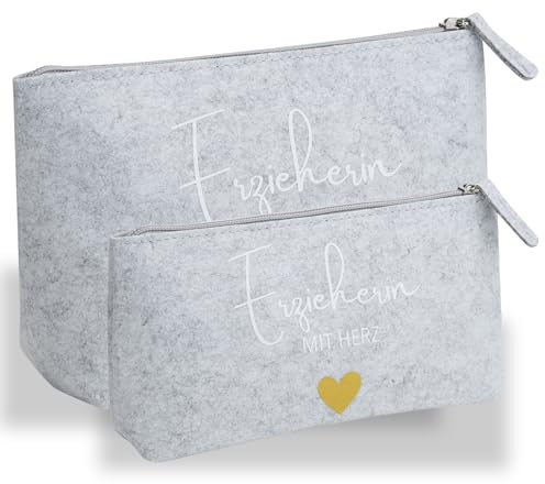 2 Stück Filz Mäppchen Kosmetiktasche Erzieherin mit Herz Filz Multifunktions Briefpapier Beutel Geschenk für Erzieherin,Abschiedsgeschenk für Lehrerin Kollegen Hochzeit Schminktasche