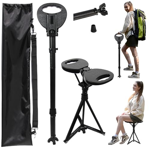PLOGGING Adjustable Cane with Seat Folding Lightweight, Portable Cane Chair for Adults & Seniors, Walking Stick with Seat for Travel Hiking, with Cushion Carry Bag