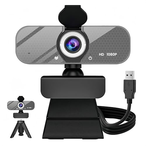 GOZVRPU 1080P HD Webcam with Built-in Microphone, Rotatable Tripod, Wide-Angle Lens,Privacy Cover, Auto Light Correction, Plug & Play USB-A Webcam for Laptop, Desktop, PC, Streaming-Gray