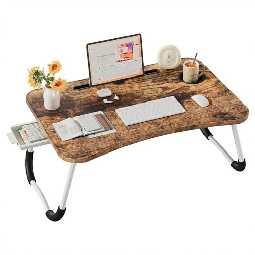 Bandeja para Cama con Cajón, Mesa Plegable de Desayuno, Ideal para Portátil, Ordenador y Libros, Ergonómica, 60x40x28 cm, Madera Carbonizada