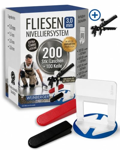 Fliesen Nivelliersystem I Verlegehilfe für Fliesen I 200 Stück + 100 Keile I Laschen für Fugenbreiten von 1,0-3,0 mm I Zuglaschen für gleichmäßige Fugen I inkl. passender Zange I 3,0 mm