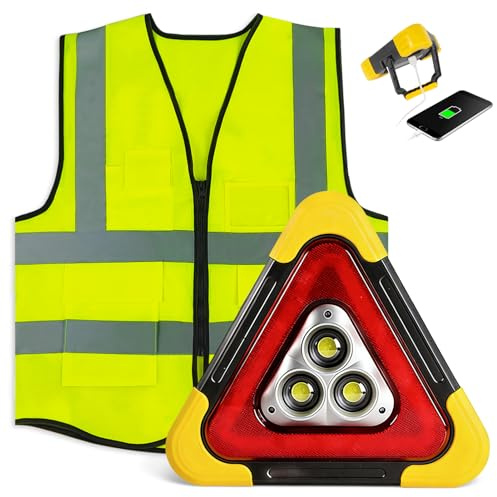 LED Warndreieck Auto Kfz mit Warnwesten Auto, 2-in-1 Solar Pannendreieck mit 4 Lichtmodi & SOS Funktion, Klappbares Tragbares Notfalllicht, Sicherheitsleuchte für Pannenhilfe,Auto,Camping & Reparatur