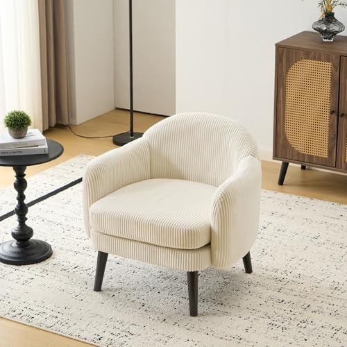 Bonnlo Fauteuil de Salon Moderne avec Accoudoirs, Canapé 1 Place avec Pieds en Bois Massif, Chaise de Bureau Rembourrée et de Forme Ronde, pour Salon, Chambre, Salle, Velours Côtelé, Beige