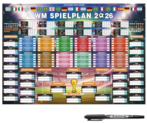 XINDY WM Spielplan 2026 Poster für Deko Fußball WM 2026, Extra großer Fußball-Wandplan für Heim & Bar 96 x66cm, Enthält 48 Mannschaften, alle Spiele, Termine in deutscher Zeit & Austragungsorte