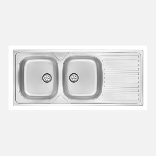 Fregadero de cocina empotrado de acero inoxidable con 2 senos y escurridor, 116 x 50 cm, acabado satinado – Telivo