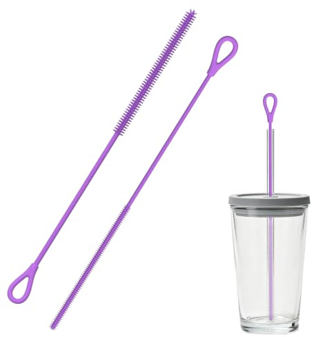 Silicone Straw Cleaner Brush Set, 2Pcs Reusable Straw Cleaners for Straws, Small Bottle Brush with Non-Slip Handle, Soft Flexible Thin Bottle Brush, Food-Grade Silicone (Purple)