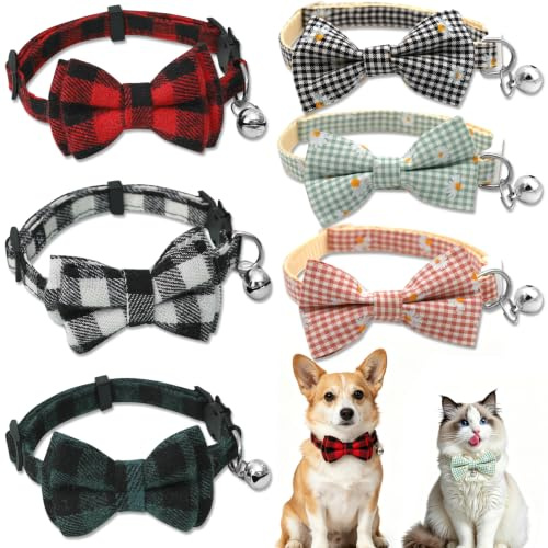 YinnFeen 6 Stück Halsband Katze, Verstellbares Katzenhalsband mit Glocke, Bunt Katzenhalsband mit Fliege Verstellbare Katzen Halsbänder mit Schleife für Kleine Mittelgroße Hunde Katzen