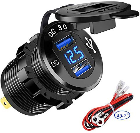 Quick Charge 3.0 Car Charger Socket 12V/24V 36W Aluminum QC3.0 Dual USB Fast Charger Socket Power Outlet with LED Voltmeter for Marine, Boat, Motorcycle, Truck, Golf Cart (Dual QC3.0 (Blue))