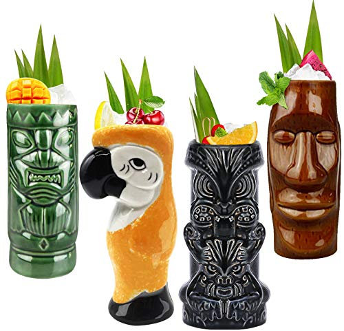 Lot de 4 tasses à cocktail exotiques en céramique – Gobelets à cocktail exotiques mignons – Tiki Bar Professional Hawaiian Party Barware TKSET0003