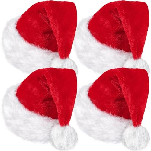 SATINIOR 4 Packungen Santa Hut, Unisex Samt Weihnachten Mütze mit Komfort Futterund Plüsch Krempe Weihnachtsmann Mütze für Party Neujahr Weihnachten (Rot, Erwachsenen Größe)
