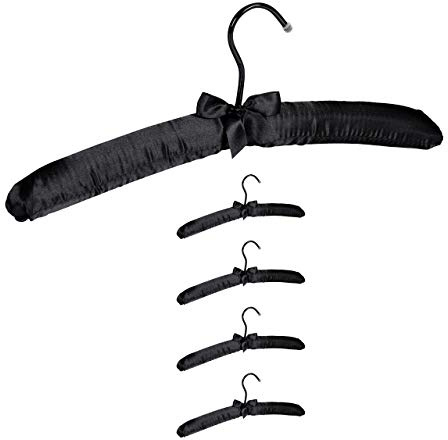 Relaxdays Kleiderbügel Satin, 5er Pack, weich gepolstert, 360° drehbarer Haken, dekorative Schleife, 38 cm, schwarz, 5 Stück | 360° drehbarer Haken, dekorative Schleife, 38 cm