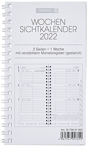 BRUNNEN 1075601002 Taschenkalender/Wochen-Sichtkalender Ersatzkalendarium Modell 756, 2 Seiten = 1 Woche, 8,7 x 15,3 cm, Karton-Umschlag, Kalendarium 2022, Wire-O-Bindung