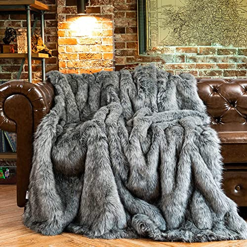 BATTILO HOME Faux Fur Throw Blanket Large Grey 150x200cm