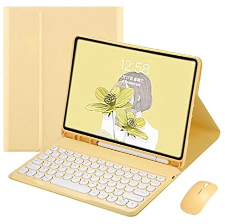 PboyiqiS Keyboard Case with Mouse for iPad 6th/5th Generation/Air 2/Pro 9.7, Case for iPad 9.7 inch with Keyboard and Mouse Cute Round Key Detachable Case with Pencil Holder, Yellow