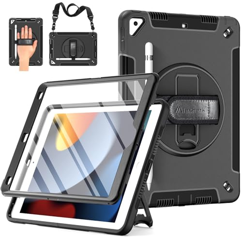 Miesherk Hülle für iPad 9./8./7.Generation 10.2 Zoll 2021/2020/2019 Schwarz | Militärische robuste stoßfest Case mit Displayschutzfolie, Stifthalter, 360° Drehbare Ständer/Handschlaufe, Schultergurt