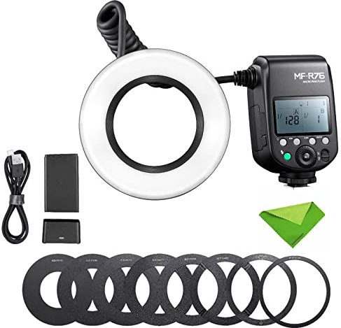 Godox MF-R76 Flash Anular Macro, Tubos De Flash Dual, Ajuste de Potencia 1/128 A 1/1, Batería De Litio Recargable, 10 Niveles de Relación De Potencia, Compatible con Canon Nikon Sony