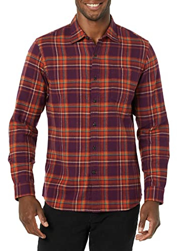 Amazon Essentials Men's Långärmad rutig flanellskjorta smal passform (färger i begränsad upplaga), Vinröd Orange Rutig, M