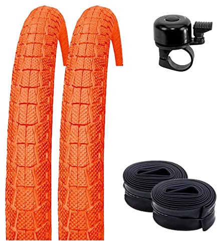 2 x Kenda K-907 Krackpot 20 BMX Fahrradreifen Fahrradmantel in Orange 50-406 (20 x 1.95) + 2 passende Schläuche DV inkl. Fahrradklingel