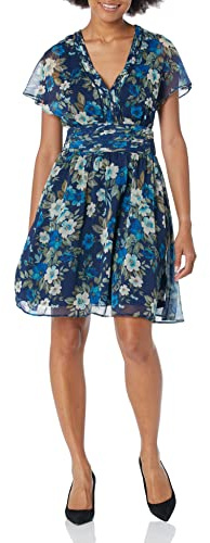 Guess Robe Courte à Fleurs col v et Manches Courtes Dahlia Bleu