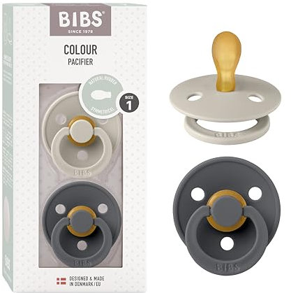 BIBS Colour Symmetrical Schnuller 2er Pack, BPA-frei Dummy-Schnuller, Symmetrischer Nippel. Naturkautschuk/Latex, Hergestellt in Dänemark. 0-6 Monate (2er Pack), Sand/Iron